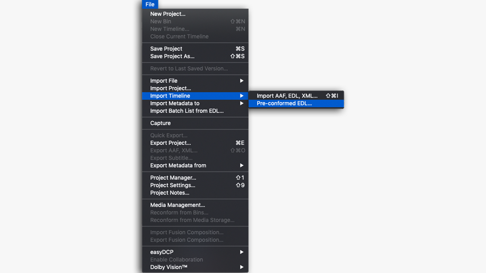 Menu selections for importing the EDL file into DaVinci Resolve.