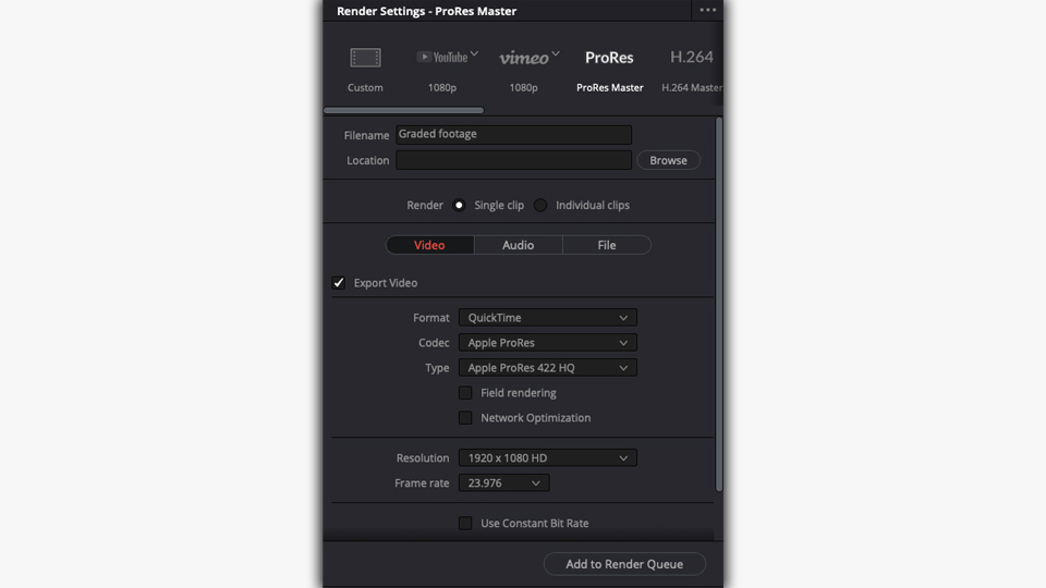 Render settings menu for exporting graded footage from DaVinci Resolve to Premiere Pro.