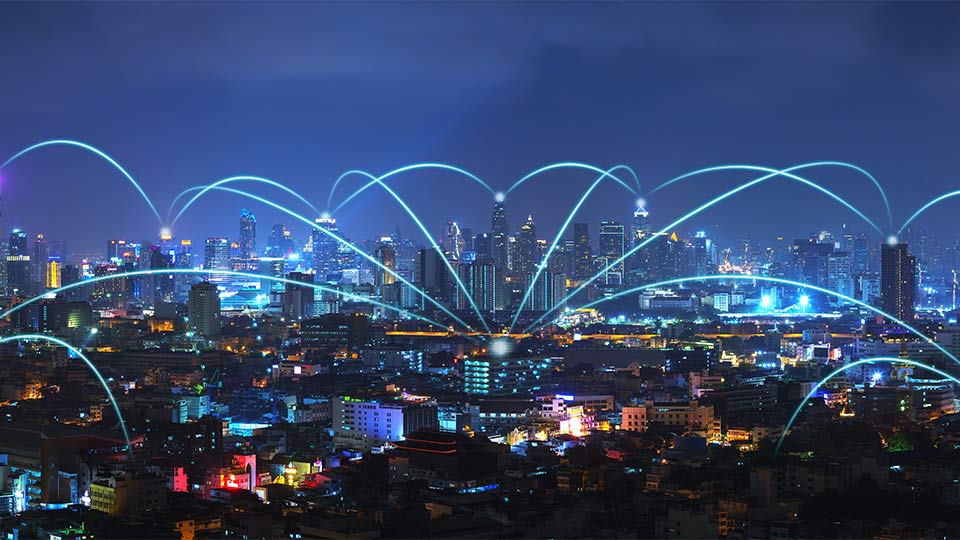 evening city landscape with many buildings connected to central office