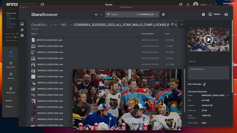 ShareBrowser media asset manager showing NHL video production