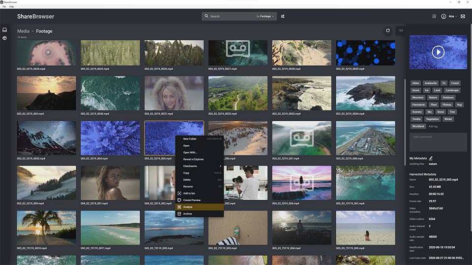 Artificial intelligence auto-tagging footage in ShareBrowser with metadata 