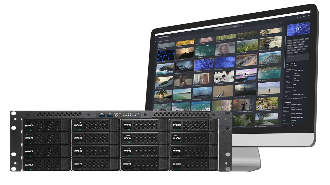 SNS EVO 16 Bay shared storage server with ShareBrowser media asset manager (MAM) in a large monitor